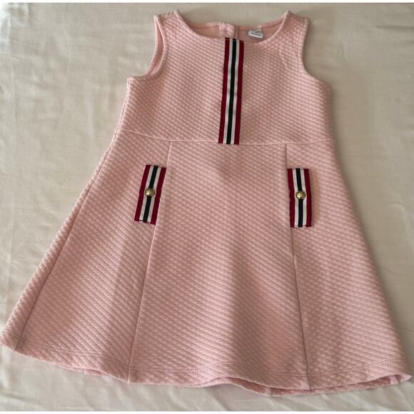 Janie & Jack Girls Dress Sz 3 Pink Puff Cross Pattern Burgundy White Blue Stripe - Picture 1 of 2